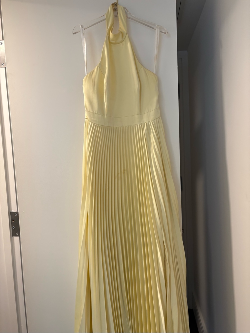 Christian Siriano Pale Yellow Halter Pleated Maxi Dress